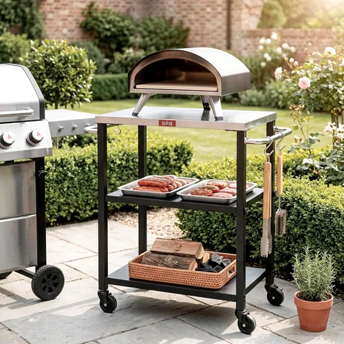 Vista 8 de Feasto Mesa de parrilla de 3 estantes, soporte para horno de pizza con estante, carrito de parrilla para horno de pizza móvil, parrilla