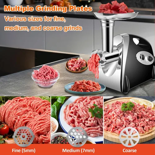 Vista 5 de Picadora eléctrica de carne y relleno de salchichas, motor resistente de 2500 W, 4 cuchillas de acero inoxidable, doble voltaje (110 V-240 V)