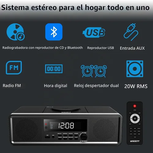 Vista 3 de Sistema estéreo compacto con reproductor de CD, Bluetooth, reloj de alarma dual, radio FM, sonido claro de 20W RMS, entrada USB/AUX, función de Negro