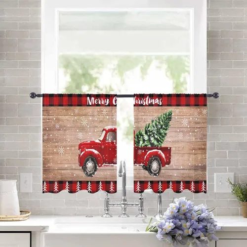 Vista 2 de Cortinas traslúcidas para camión rojo de Navidad de 45 pulgadas de largo, juego de 2 paneles de tablero de madera retro rústico con cuadros