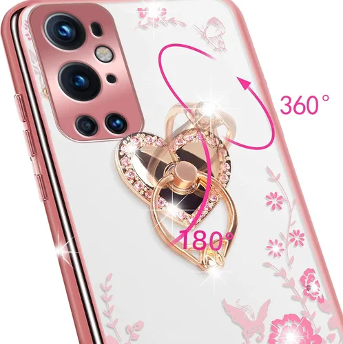 Vista 4 de Funda protectora transparente para Oneplus 9 Pro para mujer, con purpurina, suave, con diseño de mariposa, corazón, floral, transparente