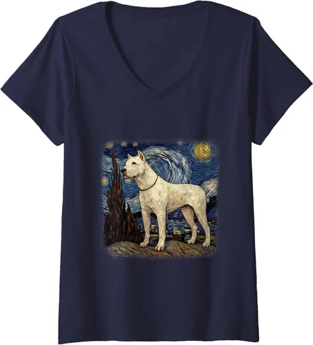 Vista 3 de Womens Van gogh Dogo Argentino in starry night V-Neck T-Shirt