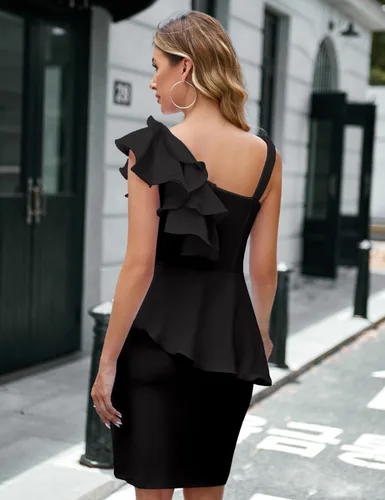 Vista 2 de SEBOWEL Vestido de tubo elegante para mujer, con volantes, sin mangas, para cóctel, fiesta, club, vestido formal