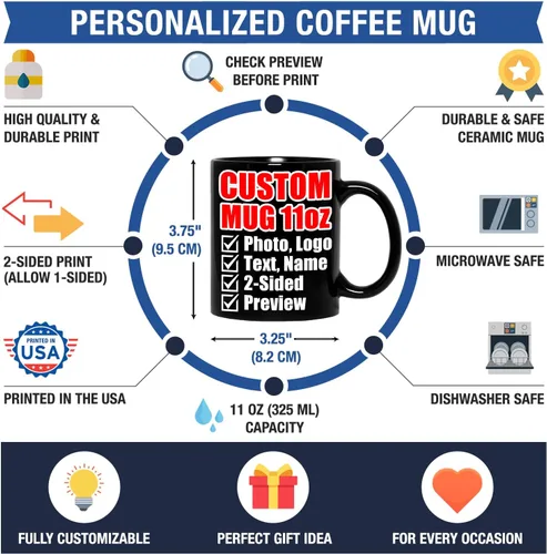 Vista 6 de Taza de café personalizada – Tazas personalizadas con texto en imagen, nombre de foto personalizado, logotipo, taza de cerámica – Cumpleaños, Negro