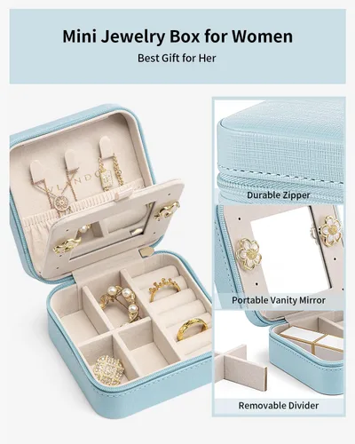 Vista 2 de Vlando Pequeño organizador de joyas de viaje, vitrina para niñas, mujeres, regalo anillos, aretes, collares, almacenamiento con espejo azul