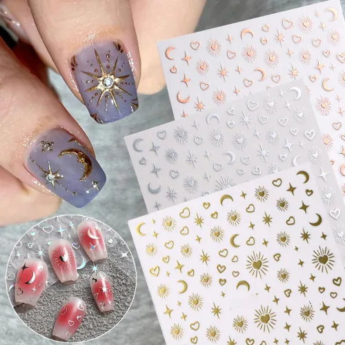 Vista 4 de 12pcs Aurora Plata Estrella Luna Nail Art Pegatinas 3D para las Mujeres Oro Rosa Sol Corazón Calcomanías de Diseño Láser Suministros