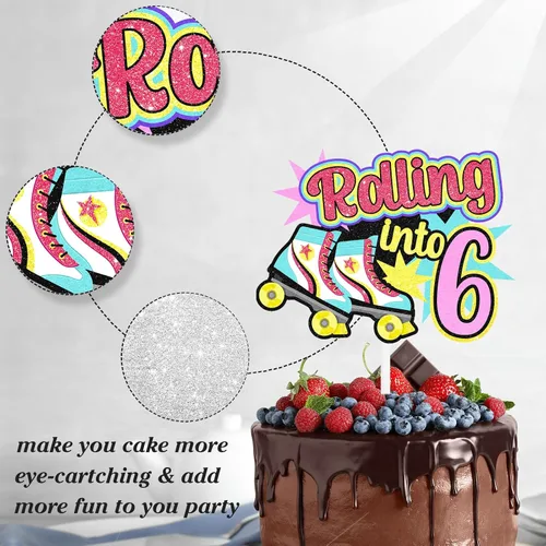 Vista 3 de Decoraciones retro para tartas de patinaje sobre ruedas para cumpleaños de 7 años, decoraciones enrollables, fiesta de cumpleaños de niños y niñas