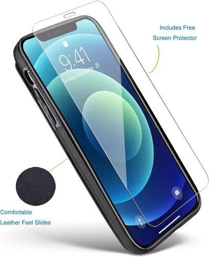 Vista 5 de Funda tipo cartera compatible con iPhone 12 Pro/12, funda protectora delgada con tarjetero, funda premium de cuero sintético con función atril