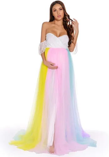 Vista 2 de ZIUMUDY Vestido de tul de maternidad arcoíris para sesión de fotos, vestido de tutú de maternidad, vestido de baby shower, vestido de dama de honor