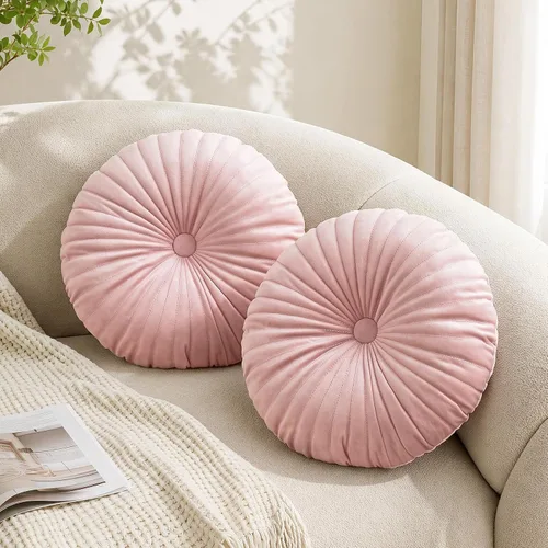 Vista 10 de Teieas - Almohada redonda de terciopelo plisada para decoración, cojín redondo para sofá, silla, cama, coche, burdeos Borgoña