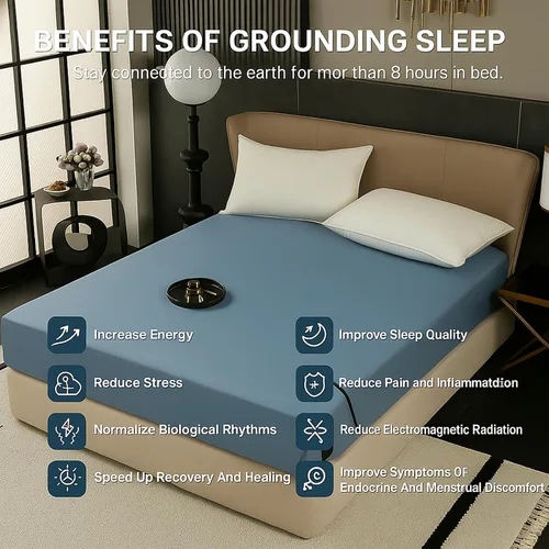 Vista 2 de Sábanas de cama Grounding - 90% algodón orgánico y 10% fibra plateada conductora, sábana bajera ajustable de bolsillo profundo con cable de conexión
