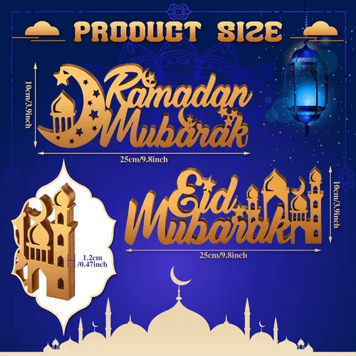 Vista 2 de Letrero de madera de Ramadán Mubarak de 2 piezas, decoración de mesa de madera, estrella luna, mezquita islámica, centro de mesa para decoración