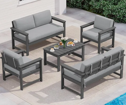 Vista 35 de SERWALL Juego de sofá de 2 piezas de sillón Adirondack acolchado de Marco negro/cojín gris
