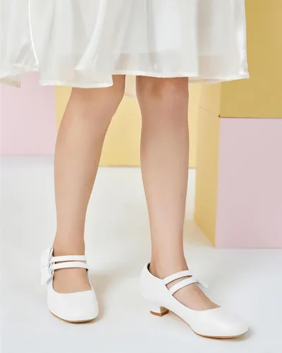 Vista 2 de Coutgo Zapatos de vestir Mary Jane para niñas, zapatos planos de tacón bajo con lazo y velcro para fiestas y escuelas para niños pequeños y grandes