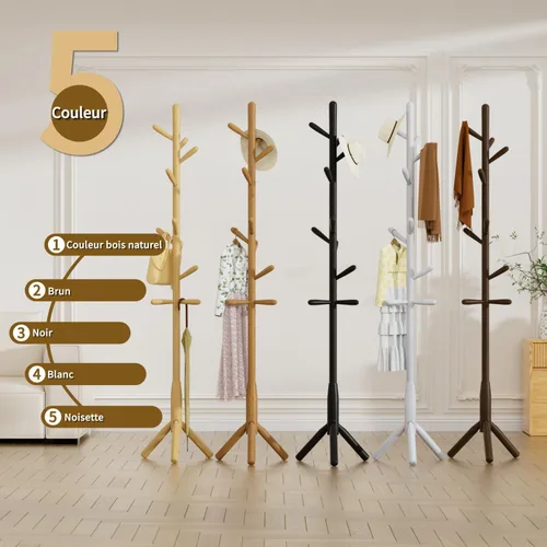 Vista 7 de Perchero de madera maciza, perchero independiente en forma de árbol con 11 ganchos, poste principal de 1.6 pulgadas de diámetro para ropa, soporte