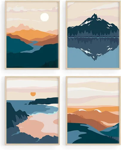 Vista 9 de HAUS AND HUES Arte de pared de montaña – Juego de 4 decoración de paisaje moderno de mediados de siglo, naturaleza y arte moderno Marco beige de 8