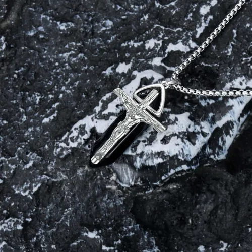 Vista 4 de PELOVNY Collar de plata de ley con cruz de cristal para hombres y mujeres, collar con colgante de crucifijo de Jesucristo, joyería religiosa