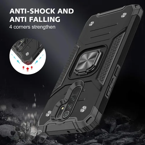 Vista 4 de Asuwish Funda de teléfono para Xiaomi Redmi 9 con protector de pantalla de vidrio templado y soporte de anillo delgado híbrido protector móvil