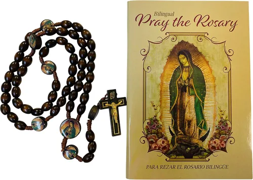 Vista 2 de Nuestra Señora de Guadalupe Rosario Bilingüe Cordón de Cuentas de Madera Guía Española Inglés Includes five mysteries, durable knotted design