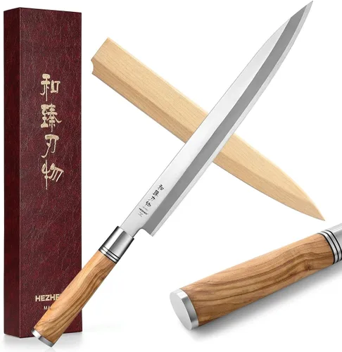 Vista 11 de HEZHEN Cuchillo Sashimi de 9.449 in,Cuchillo de sushi Yanagiba,Mango de madera de olivo con estuche de cuchillo de madera