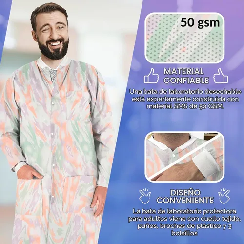 Vista 3 de AMZ Medical Supply Abrigos de laboratorio desechables. Abrigo de laboratorio de SMS de 50 GSM de longitud hasta la rodilla con cuello y puños