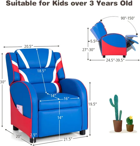Vista 3 de Costzon Silla reclinable para niños, silla reclinable para juegos con reposapiés, reposacabezas, soporte lumbar y bolsillos laterales, silla