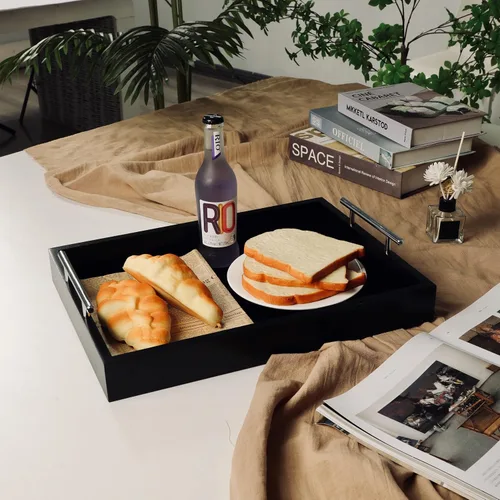 Vista 2 de JJSQYLAN Bandeja de madera para servir con asas, bandeja rectangular de desayuno para mesa de café, bandeja otomana decorativa de 16 x 12 pulgadas