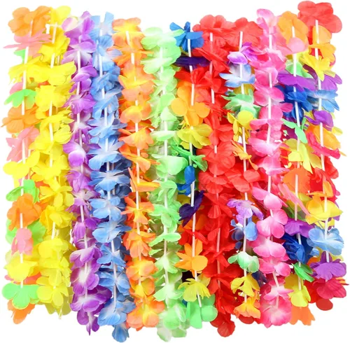 Vista 2 de AnapoliZ Luau Leis - Juego de 12 piezas Collar hawaiano Leis Decoraciones de fiesta Luau Leis para fiesta temática Luau Collar de flores Lei