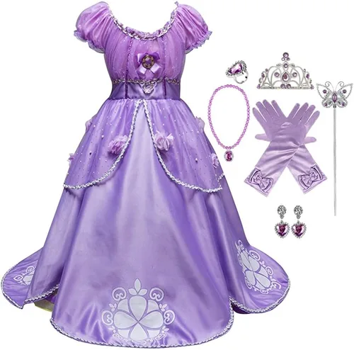 Vista 39 de Disfraz de princesa Sofía Rapunzel para niñas, disfraz de Halloween, Navidad, cumpleaños, fiesta con accesorios