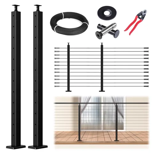Vista 11 de Muzata Paquete de 4 postes de barandilla de cable negro de 42 pulgadas, 42 x 2 x 2 pulgadas, montaje en superficie perforada de nivel T304, kit
