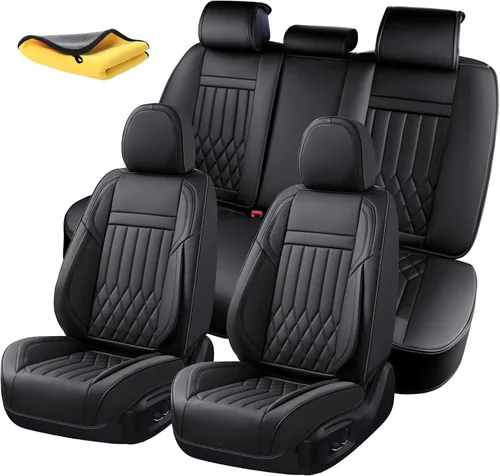 Vista 16 de Juego completo de fundas de asiento de automóvil de cuero napa impermeables y transpirables de 2 plazas, aptas para asientos delanteros de beige