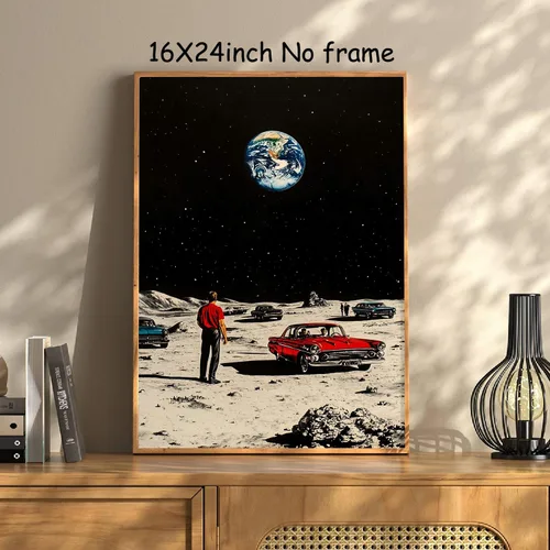 Vista 2 de Arte de pared de la Tierra desde la luna, póster de viaje espacial de la luna, impresión en lienzo de astronomía vintage, imágenes de astronomía