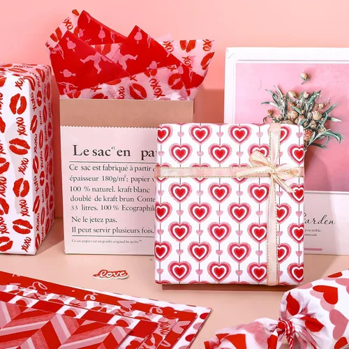 Vista 5 de JarThenaAMCS 100 hojas de papel de seda para el día de San Valentín, a granel, 10 diseños de corazón rojo de amor, cupido, lunares, hojas de papel