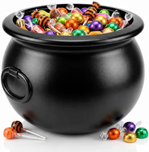 Vista 7 de PMU 2 piezas de caldero de Halloween – 10 pulgadas, 8 pulgadas, cuenco de caldero de plástico de bruja negro, para decoración de Halloween