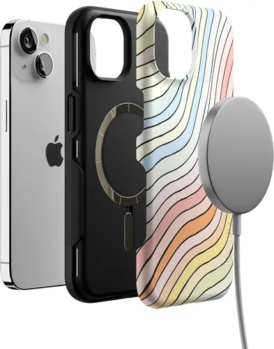 Vista 4 de Casely Funda para iPhone 13 Ride The Wave Arcoíris pastel rayado Compatible con MagSafe Diseño protector audaz