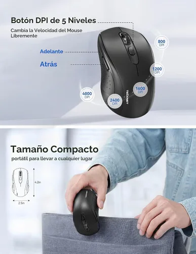 Vista 3 de TECKNET Mouse inalámbrico Bluetooth para laptop, mouse inalámbrico USB-A de 2.4G, 6 niveles ajustables 4000 DPI, ratones portátiles con receptor y 6