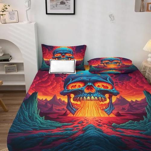 Vista 2 de Juego de sábanas de calavera tamaño individual, sábanas góticas, sábanas y fundas de almohada estampadas de 3 piezas, sábana bajera ajustable