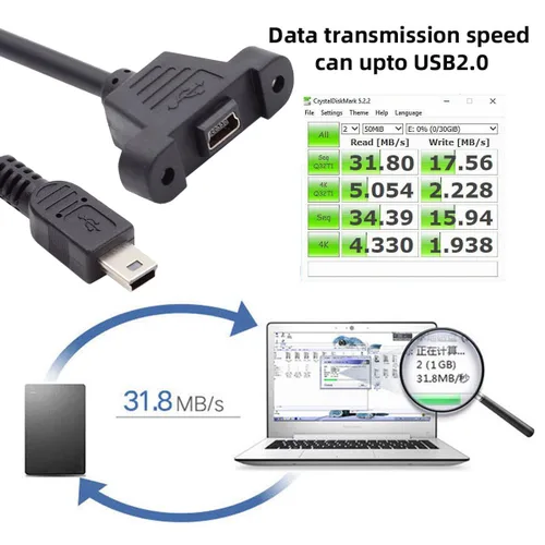 Vista 2 de cablecc Tipo de montaje en panel Mini USB2.0 5Pin macho a hembra Cable adaptador de extensión con tornillos 19.7 in