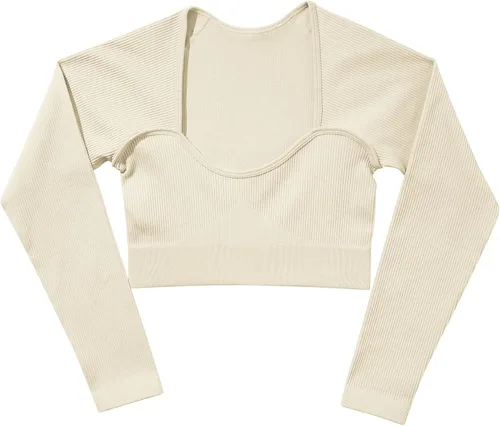 Vista 6 de ABOCIW Conjuntos de entrenamiento para mujer, sin costuras, acanalado, cuello corazón, manga larga, parte superior fruncida en los glúteos
