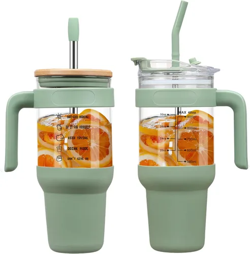 Vista 11 de Chunmo Vaso de vidrio de 40 onzas con 2 tapas, tapa de popote de bambú y tapa de popote 2 en 1, taza de café helado con asa, botella de agua de Ámbar