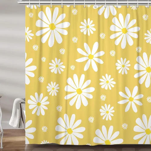 Vista 7 de Cortina de ducha con diseño floral de margaritas azules para caravana, remolque, baño, lindo juego de cortinas de ducha de tela estrecha y corta