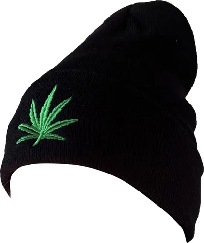 Vista 2 de Paquete de 2 gorros de punto plegables con diseño de malas hierbas bordadas de hojas de marihuana, talla única