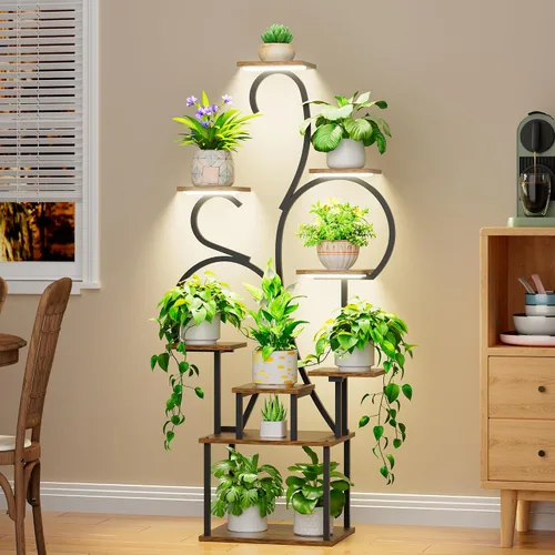 Vista 3 de POZILAN Soporte para plantas de interior con luces de cultivo, estante de esquina de 55 pulgadas de alto, estante de luz de cultivo de 9 niveles