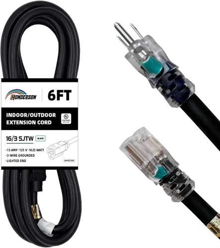 Vista 27 de Cable de Extensión HONDERSON con Extremo Iluminado, Certificado UL, Calibre 10, 1 Pie, Negro, 3 Puntas, Resistente, 10/3 SJTW, 15A, Cable de Energía