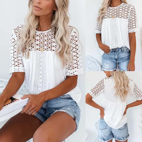 Vista 2 de Women Summer Tops White Lace Hollow Out Stitching T Shirt Casual Round Neck Pullover Elegant Tunic Blouse Tees