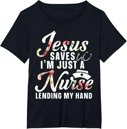 Vista 17 de Jesus Saves I'm Just A Nurse Lending My Hand RN Christian T-Shirt Asphalt Grey