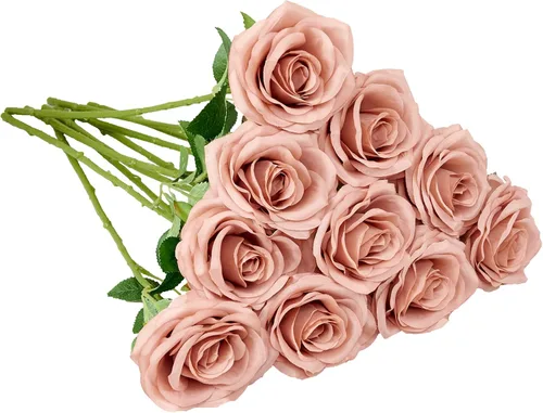 Vista 35 de 10 rosas artificiales abiertas, tallos de rosas artificiales para arreglos de boda, ramo de novia, centro de mesa, flores de seda sintética falsas