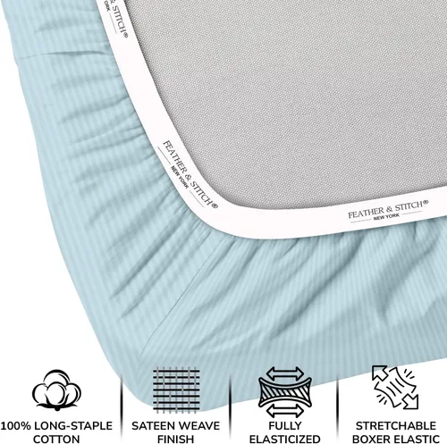 Vista 2 de Feather & Stitch - Sábana bajera ajustable de 100 % algodón, tejido satén de damasco, transpirable a rayas, sábana elástica para colchón de 18