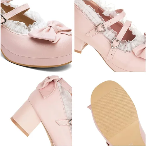 Vista 6 de SHEMEE Zapatos de vestir Kawaii Sweet Bow para mujer, con plataforma gruesa, tacones de bloque medio, hebilla y correa al tobillo, zapatos Mary Jane