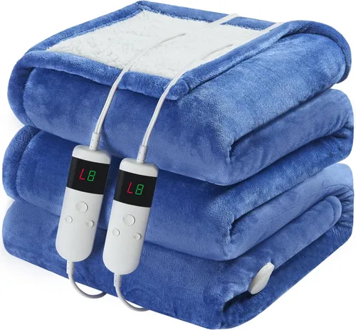 Vista 8 de Manta térmica eléctrica de 50 x 60 pulgadas, manta eléctrica de franela suave y sherpa con 10 niveles de calefacción, se apaga automáticamente
